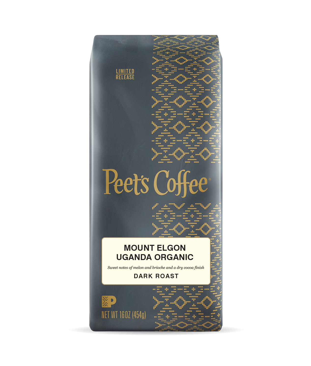 Peet's Coffee Mount Elgon Uganda Organic Coffee beans in a grey 16oz bag.